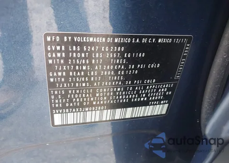 2018 Volkswagen Tiguan 2.0T Se/2.0T Sel из США, поврежденный, VIN 3VV3B7AX3JM092801